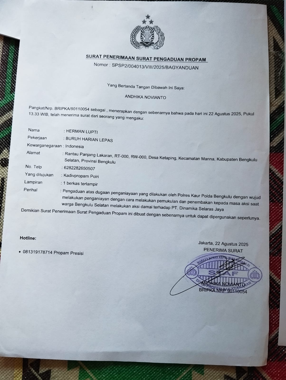 Aliansi Selamatkan Bengkulu Selatan Laporkan Dugaan Kekerasan Aparat Polres Kaur ke Propam Polri